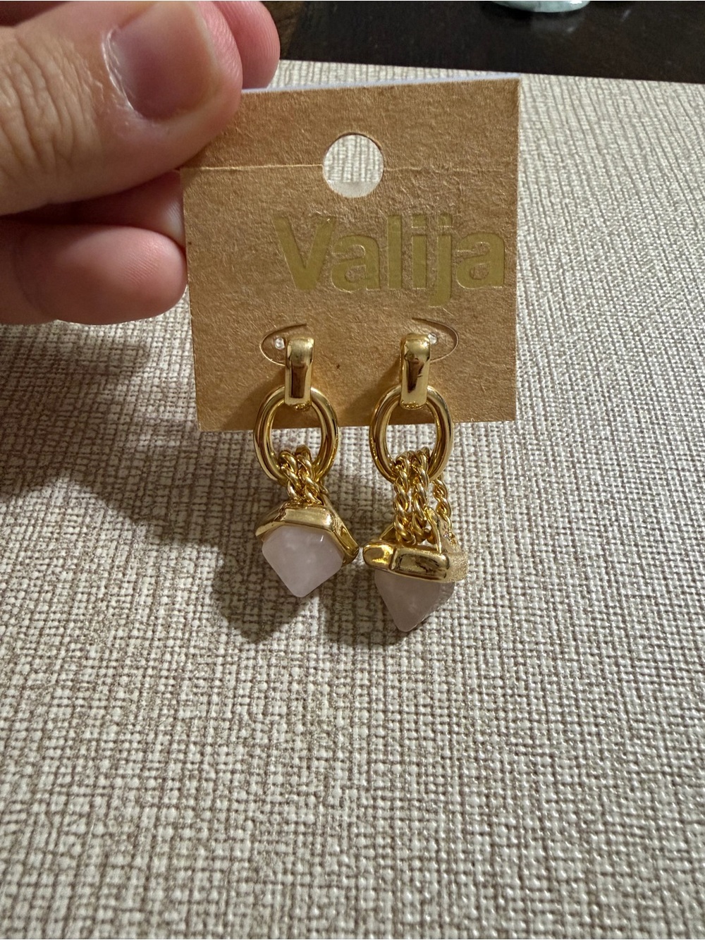 Valia Gold-Tone Drop Earrings with Light Pink Gem Accents